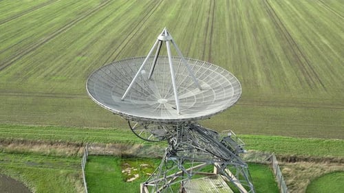 Aerial shot of the radiotelescope antenna at the Mullard Radio Astronomy Observatory in Cambridge, U