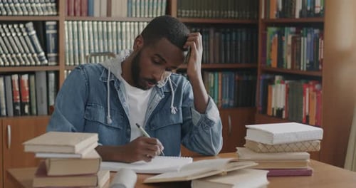 Müder Student bereitet sich auf die Prüfung vor: Buch lesen und schreiben, dann gähnendes Gesichtsgefühl berühren