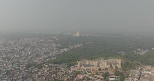 Aerial view of Taj Mahal and cityscape, India.