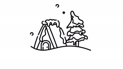 Animated Line Art Winter Cabin and Pine Tree Scene