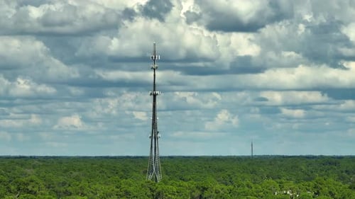 Aerial View of Telecommunications Cell Phone Tower with Wireless Communication 5g Antennas for