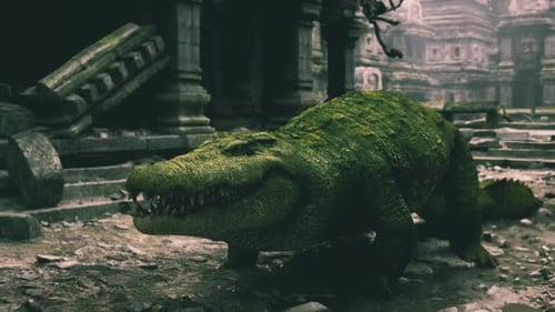 Crocodile explorant d'anciennes ruines couvertes de mousse et de végétation