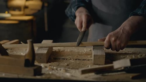 Craftsman, Middle Aged Man Concentrated Uses Hand Tool Rasp In A Carpentry Workshop Close Up Young