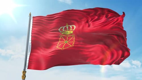Realistic Red Flag Waving with Golden Emblem Under Blue Sky