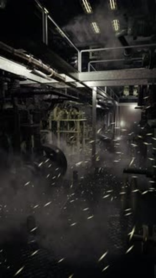 Mystical Atmosphere in an Engine Room with Shafts of Light and Steam