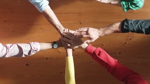 Close up of business people hand putting hands together at meeting. Convocation.