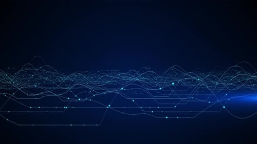 3D Futuristic Flight Digital Line Landscape Waves Dust Particle Smart City Big Data Connection