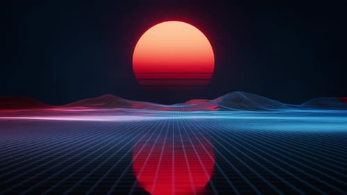 Digitaler Raum und Sonnenuntergang im Retro-Stil
