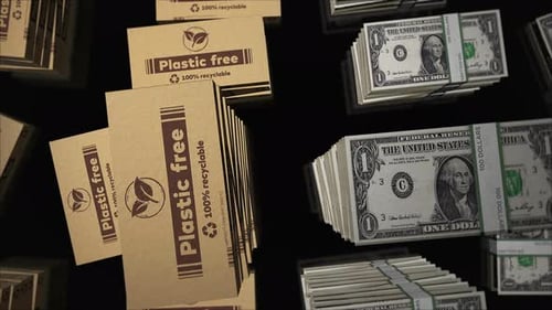 Plastic free and eco friendly box and US Dollar money pack loop 3d