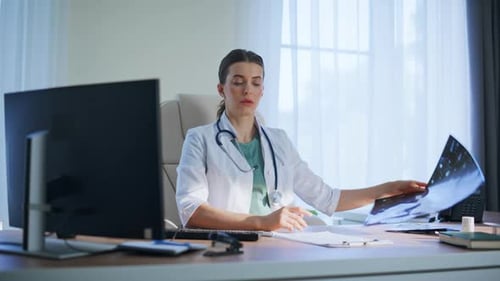 Hospital Therapist Looking Xray Feeling Focused Closeup Upset Doctor Thinking