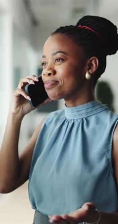 Phone call, smile and black woman in office with laugh, online conversation