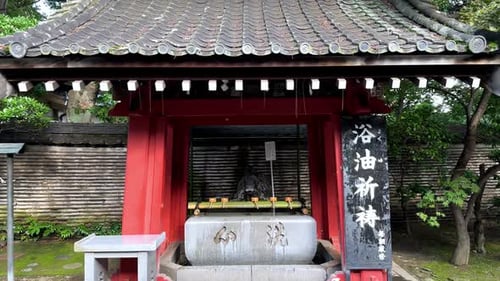 Traditional Japanese purification fountain in a serene temple garden
