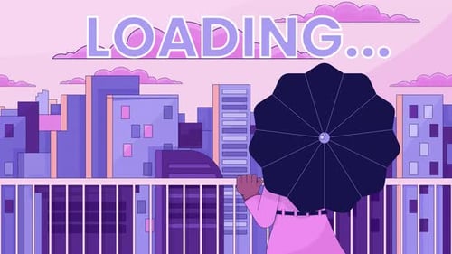 Umbrella girl looking at city line 2D loading animation