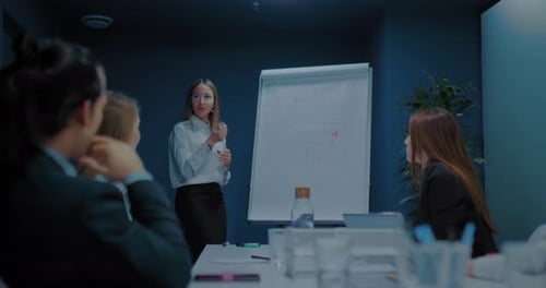 Business Conference in Office Woman Coach Speaking and Writing on Flip Chart Prores