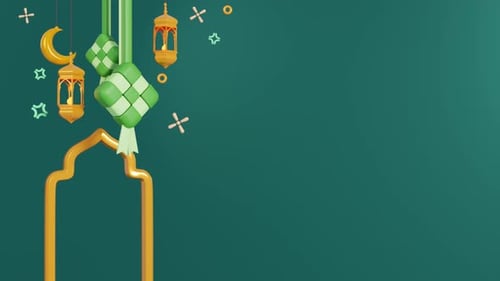 Fond de décor islamique avec lanterne en croissant, ketupat et porte de mosquée. Animation 3D