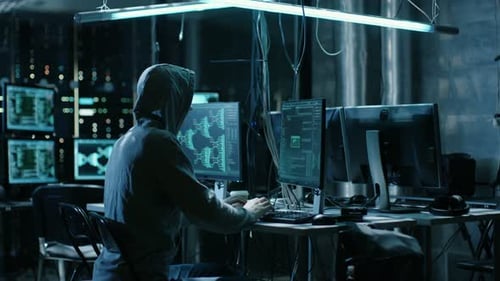 Ein vermummter Hacker dringt in Unternehmensdatenserver ein und infiziert sie mit Viren. Sein Hideout Place
hat