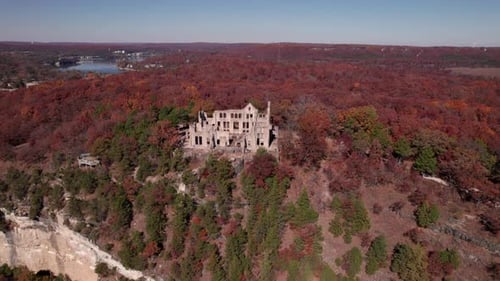Ha Ha Tonka Castle Ruins Aerial Shot Flying Up and Tilt Down Overhead View.