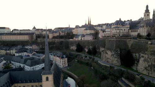 aerial drone shot near grund area in Luxembourg City center