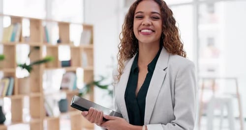 Face, accountant and funny woman with tablet in office, company or corporate workplace