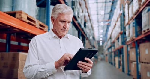 Tablet, warehouse and senior manager for stock, control and logistics for shipping or delivery