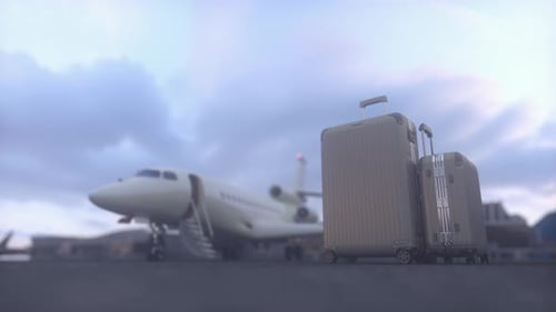 Two suitcases standing on a airstrip at sunset. White luxury private jet waiting for passengers