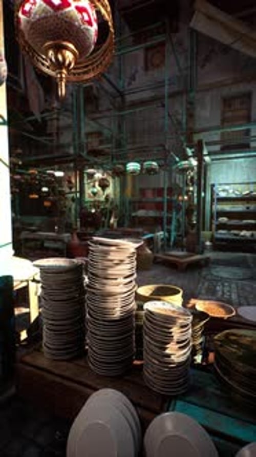 Night Market Stall with Ornate Lamps and Plates Panning Shot