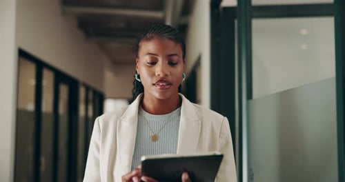 Research, walk and tablet with business black woman for influencer marketing manager