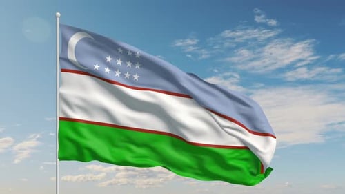 Uzbekistan Flag Waving in Wind with Realistic Fabric Animation