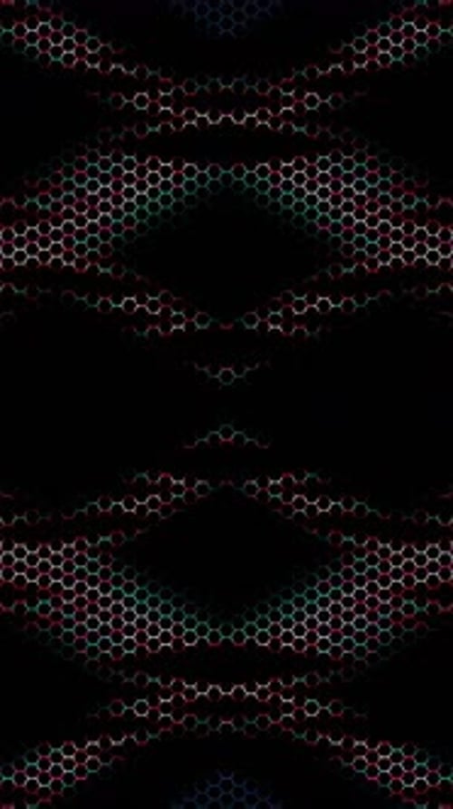 Des points lumineux brillants en 3D définissent un mouvement d'onde linéaire coloré, sur fond noir