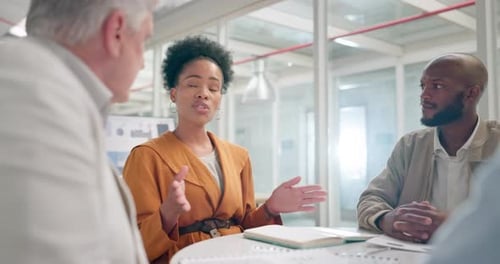 Talking black woman, meeting or strategy planning in digital marketing training