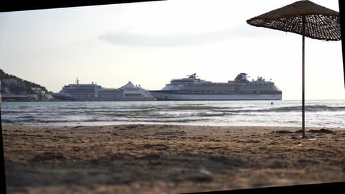 timelapse cruise ship leaving port at sunset