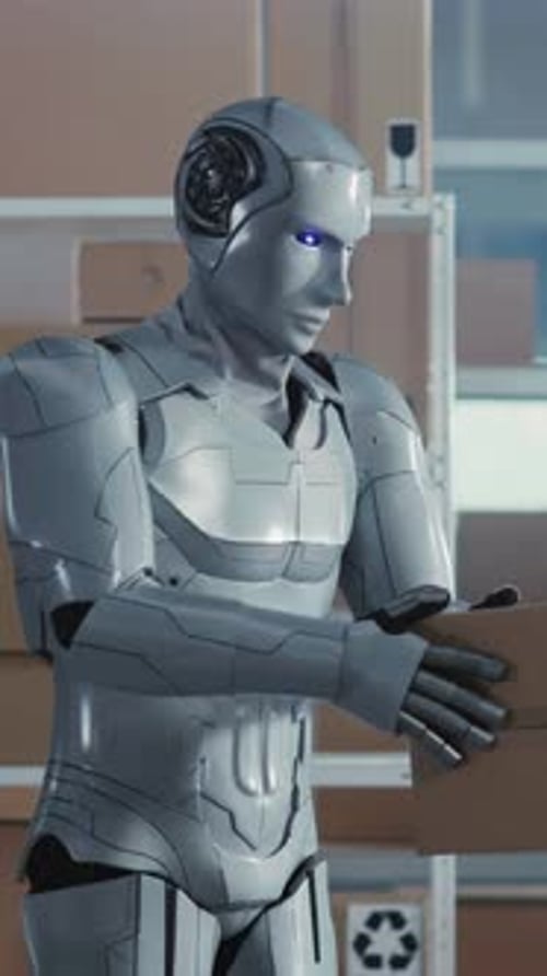 Cybernetic Future Worker Robot Collecting and Carrying Carton Parcel Delivery Boxes in Workshop