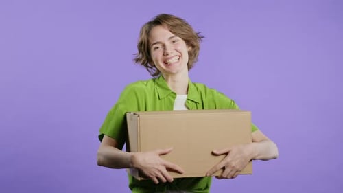Excited Smiling Woman Online Shopping Consumer Received Cardboard Order Parcel Box Desired Purchase