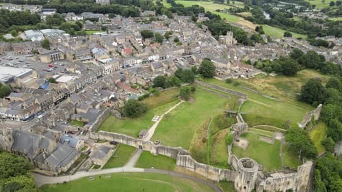 Barnard Castle market town in Teesdale, County Durham,UK rising Drone footage