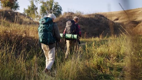Senior Couple Hiking in Nature with Backpacks