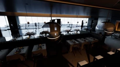 Empty Upscale Restaurant with Tables Set for Dinner During Twilight Hours