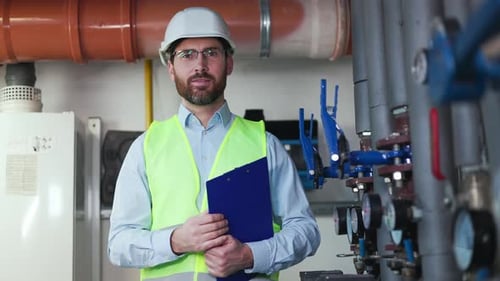 Engineer Smiling at Camera Holding Tablet in a Manufacturing Factory Setting