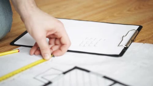 Konzept „Reparieren, Bauen und Menschen“ — Nahaufnahme männlicher Hände beim Messen