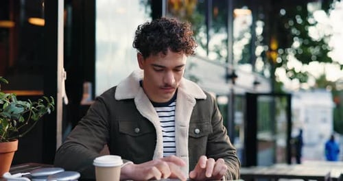 Face, remote work and man with tablet at cafe for research, writing story and creative career