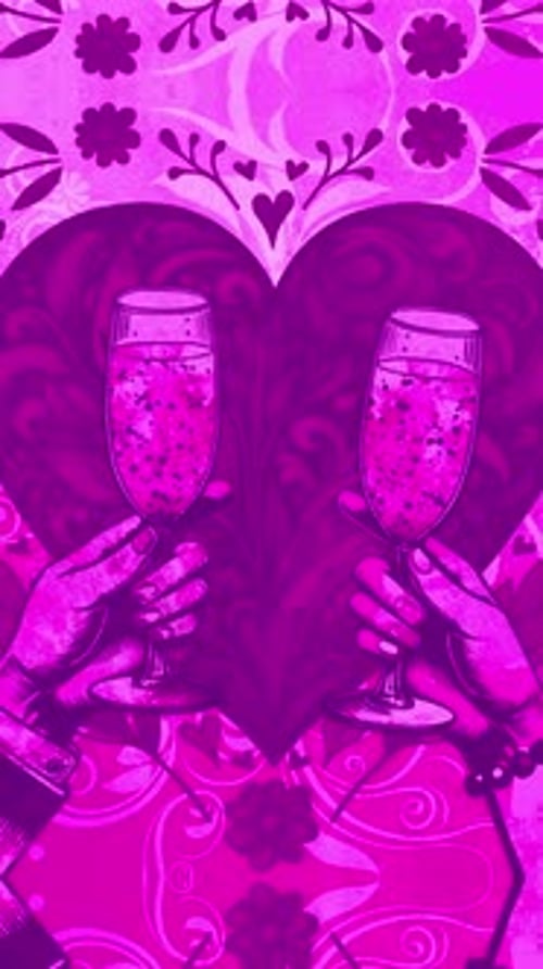 Romantic Champagne Toast Animation with Decorative Heart Background