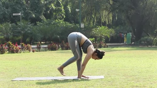 Video of a woman practicing Surya Namaskar in a park.