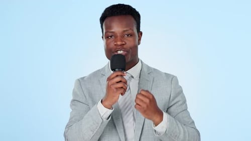 Black man, microphone and reporter with broadcast and interview in studio