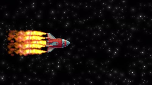 Мультяшная анимация ракет на черном фоне и движущихся звездах. Научная миссия Полеты на ракетах