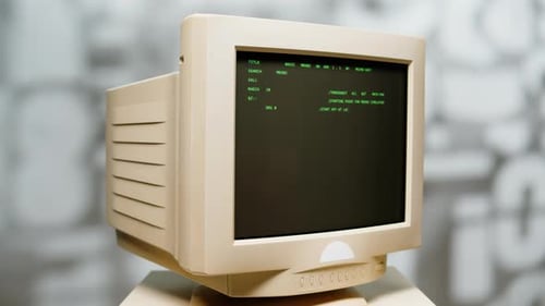 Retro Pc with Loading Code Console Programmer Making Scripts Green Basic Screen Old Computer Studio