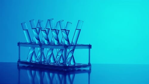 Close Up Video Neon Blue Light Test Tubes Filled with Fluid in a Laboratory Scientific Experiment