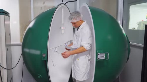 Un scientifique de laboratoire calibre le spectre lumineux Un chercheur ajuste les câbles et inspecte les échantillons