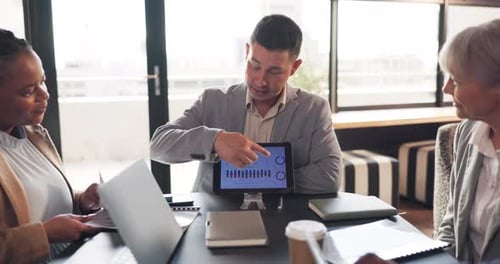 Screen, business people and leader with a tablet, graphs and financial report with connection
