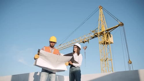 Construction workers reviewing blueprints in slow motion with a crane in background