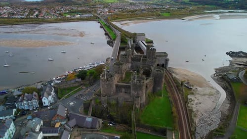 Aerial shot of Conwy Castle, it is a medieval-era fortification located in Conwy, on the north coast