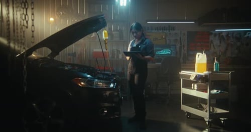 Female Auto Mechanic Connects Laptop to Car Engine For Advanced Computer Diagnostics